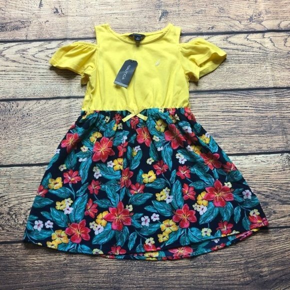 Nautica Girls 5 Yellow Floral Cold Shoulder Dress - Picture 1 of 6
